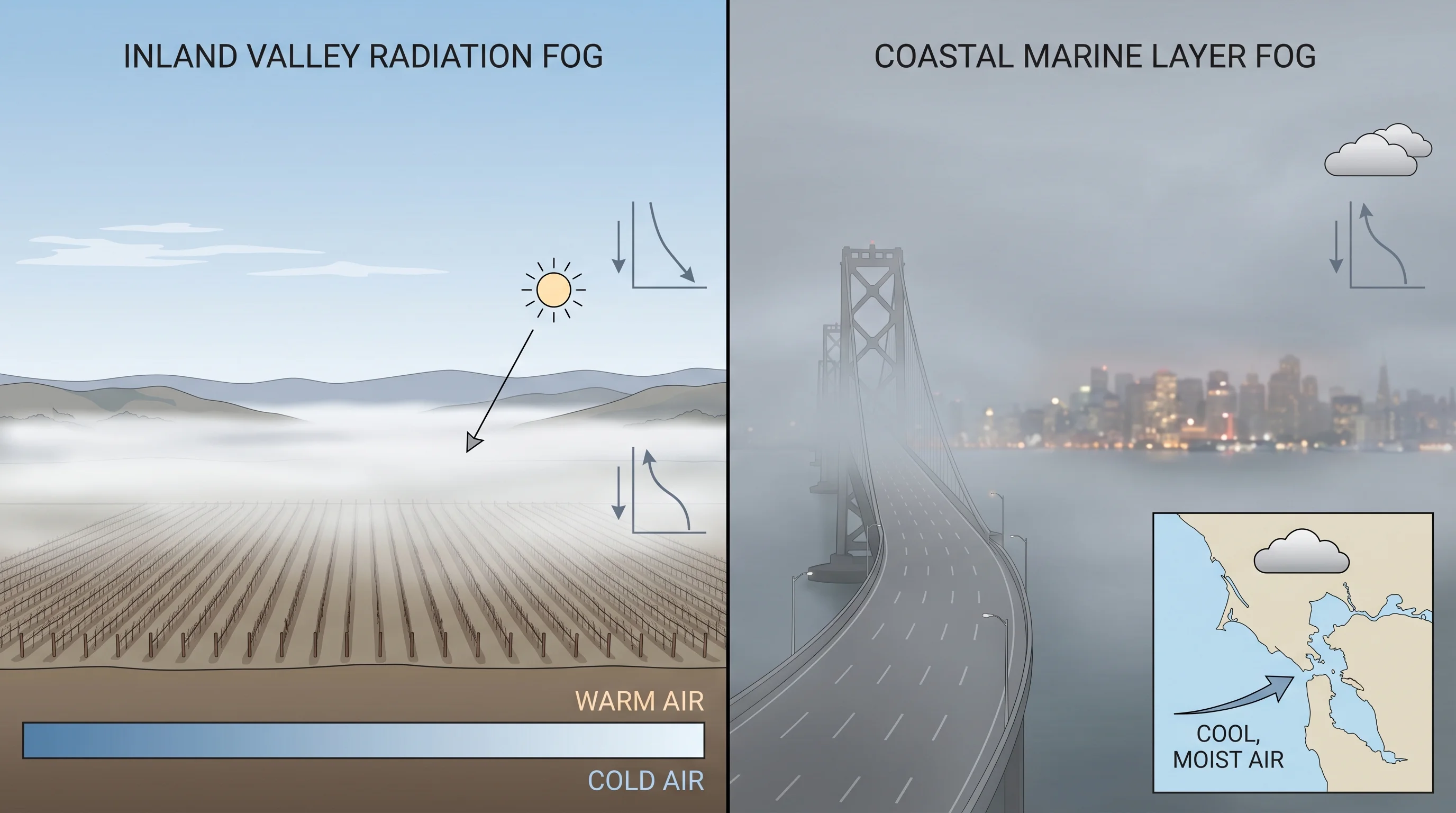 Bay Area highway in dense fog with visibility reduced to less than a quarter mile, headlights of vehicles barely visible ahead, road markings barely discernible