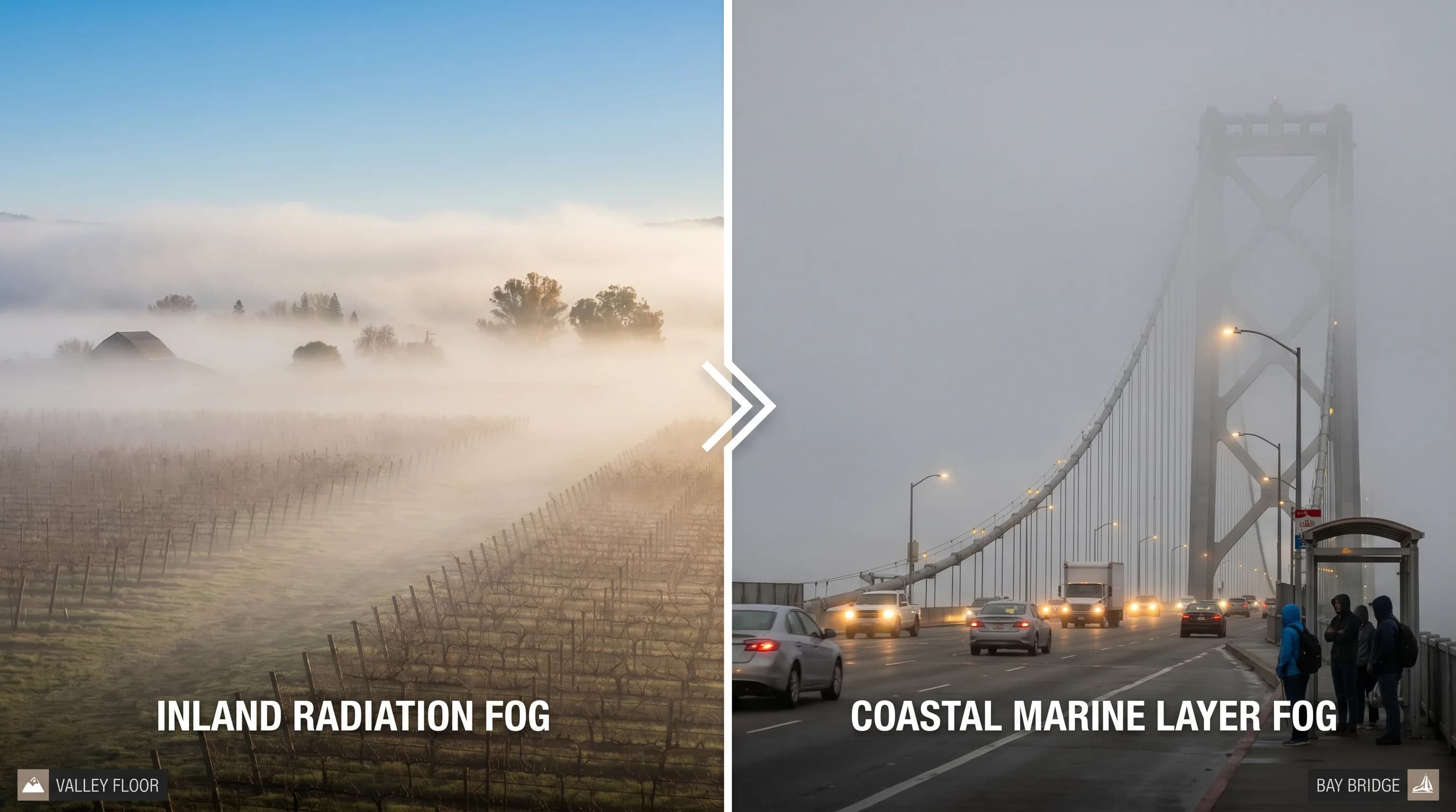 Scientific illustration explaining What Is a Dense Fog Advisory? Bay Area Fog Warnings Explained