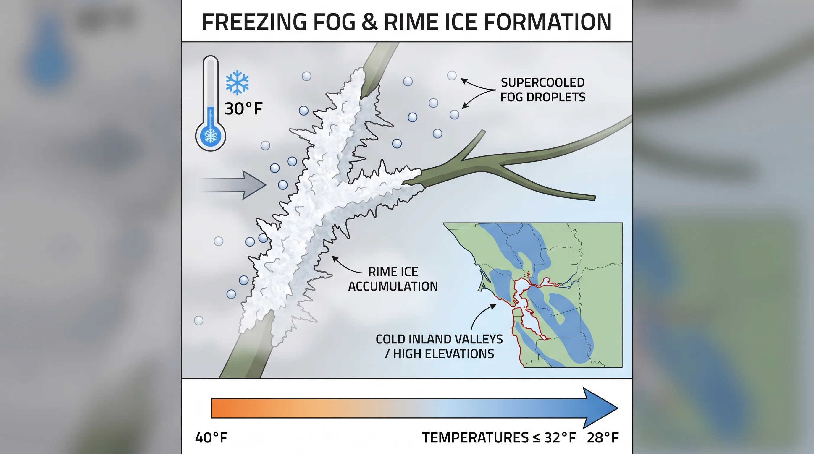 Rime ice coating on tree branches and grass in a Bay Area valley after a night of freezing fog, with white crystalline frost visible on exposed surfaces