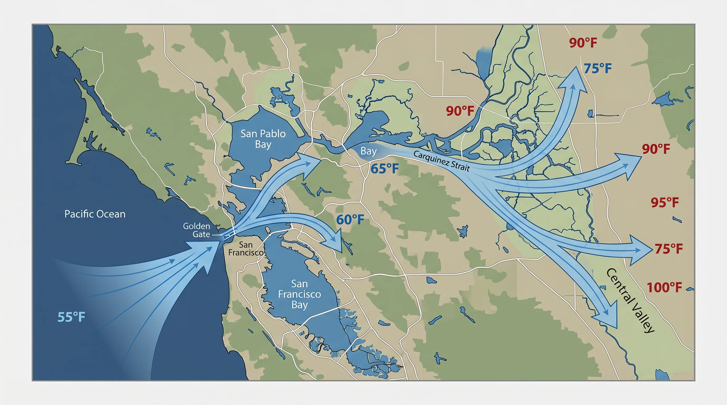 Map showing the path of the delta breeze from San Francisco Bay through the Carquinez Strait into the Sacramento Delta