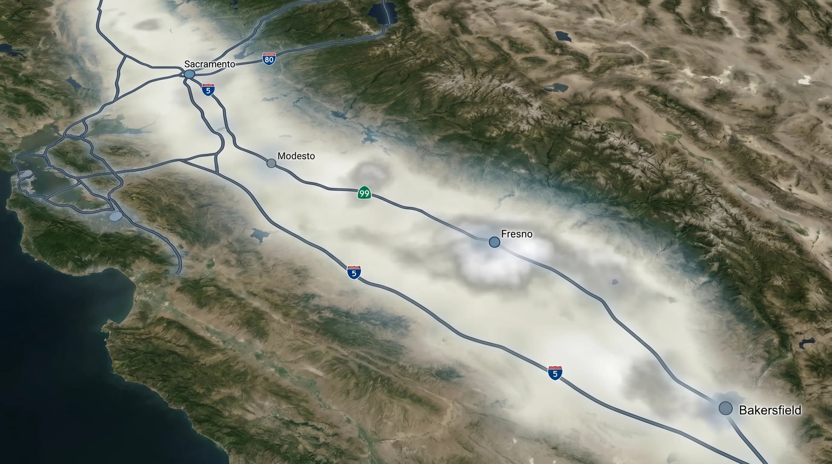 Map of California's Central Valley showing areas most affected by tule fog