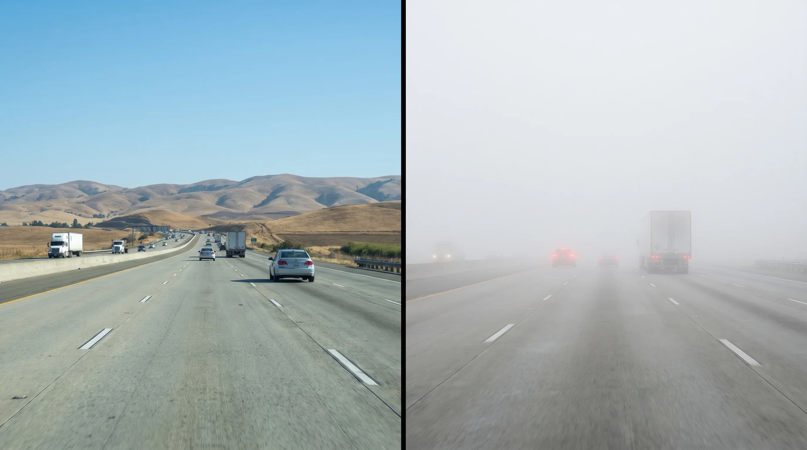 Comparison of clear highway visibility versus near-zero visibility during tule fog event