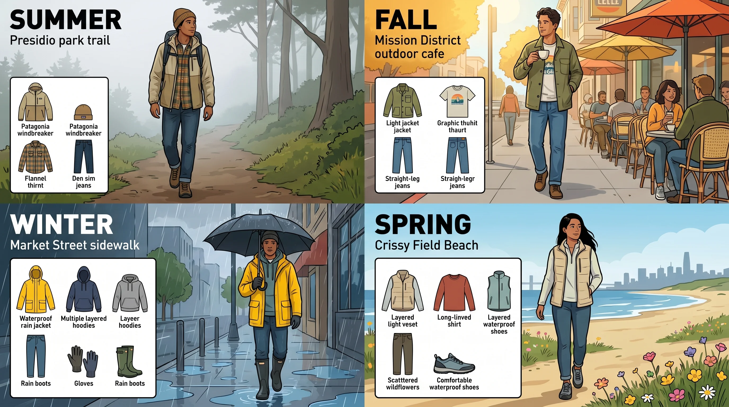 Seasonal packing guide for San Francisco showing appropriate clothing for June, September, December, and April