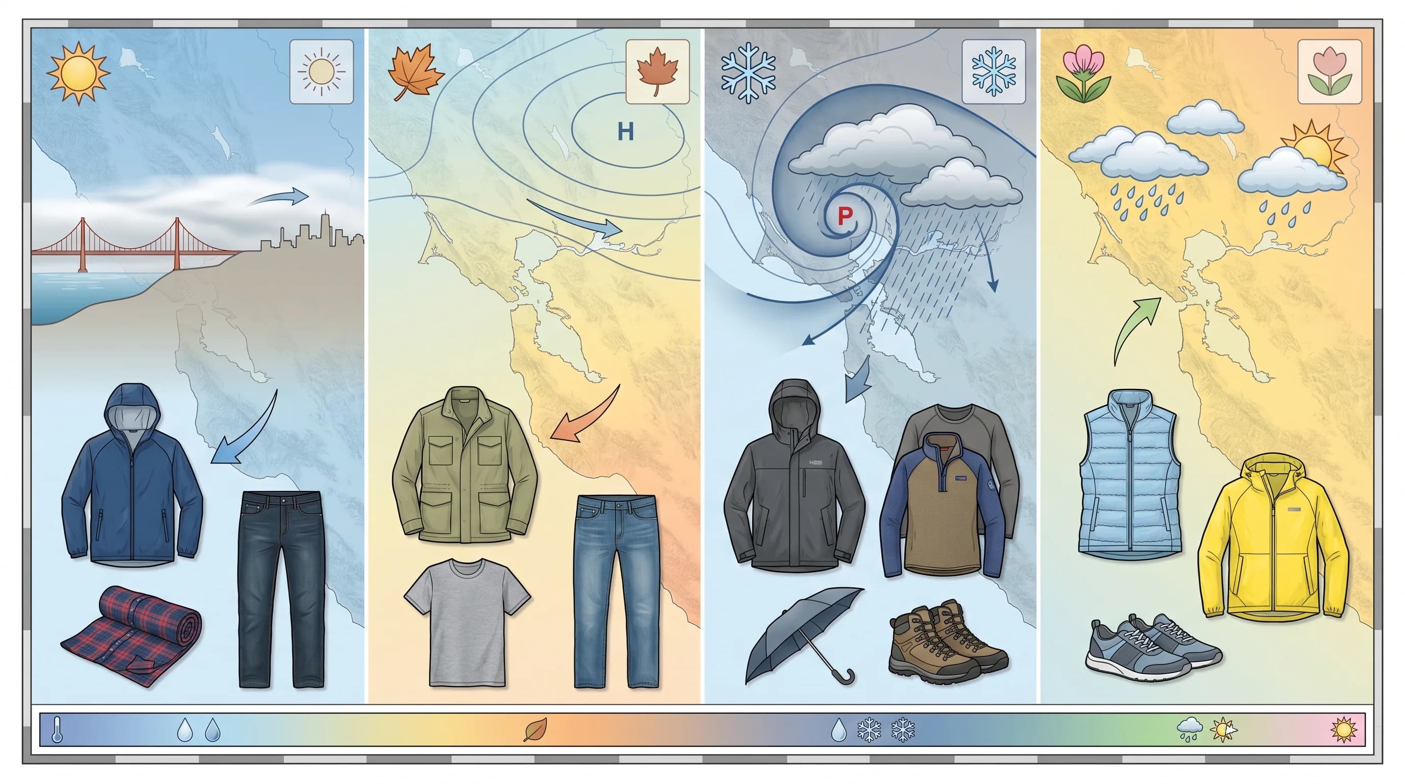 Scientific illustration explaining What to Pack for San Francisco by Month
