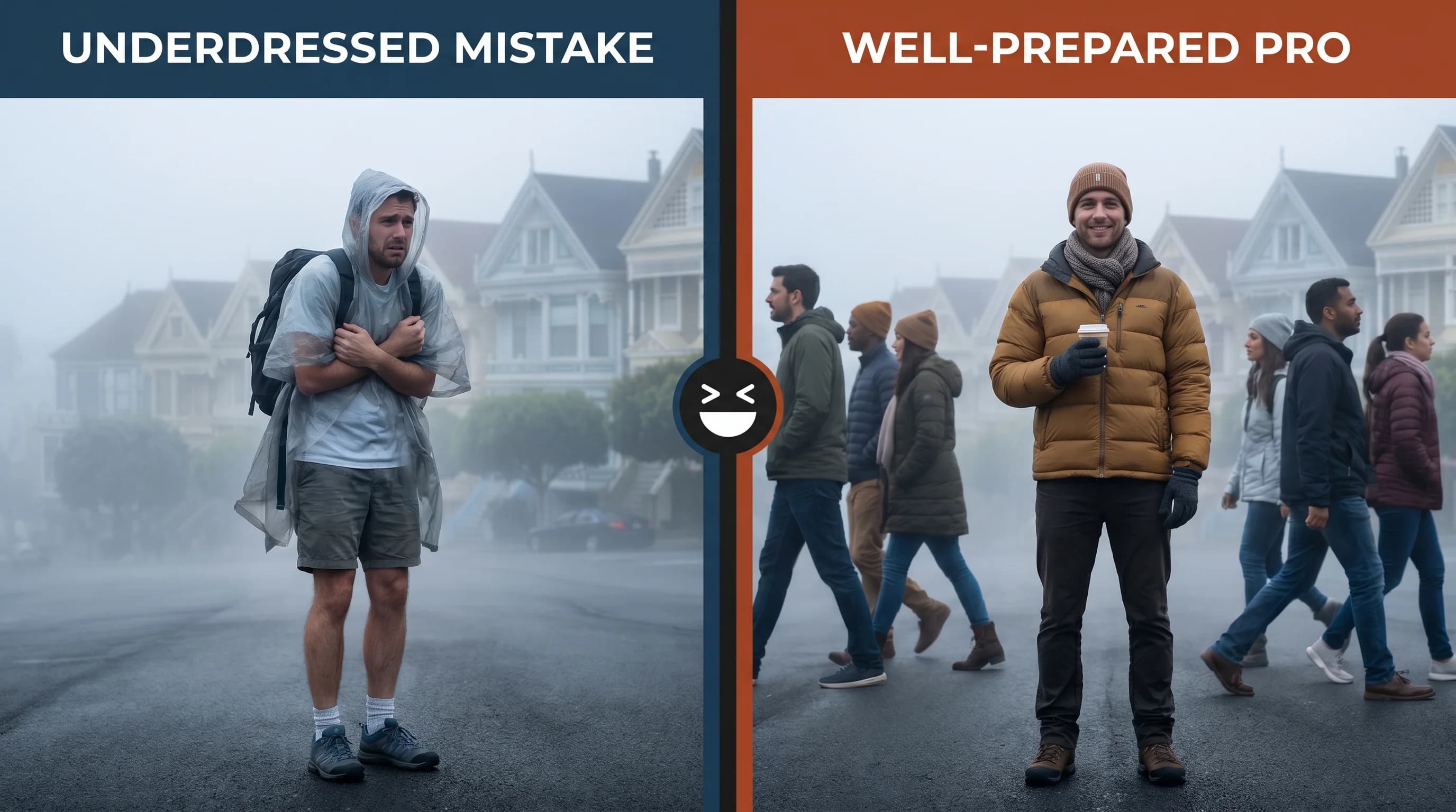Seasonal packing guide for San Francisco showing appropriate clothing for June, September, December, and April
