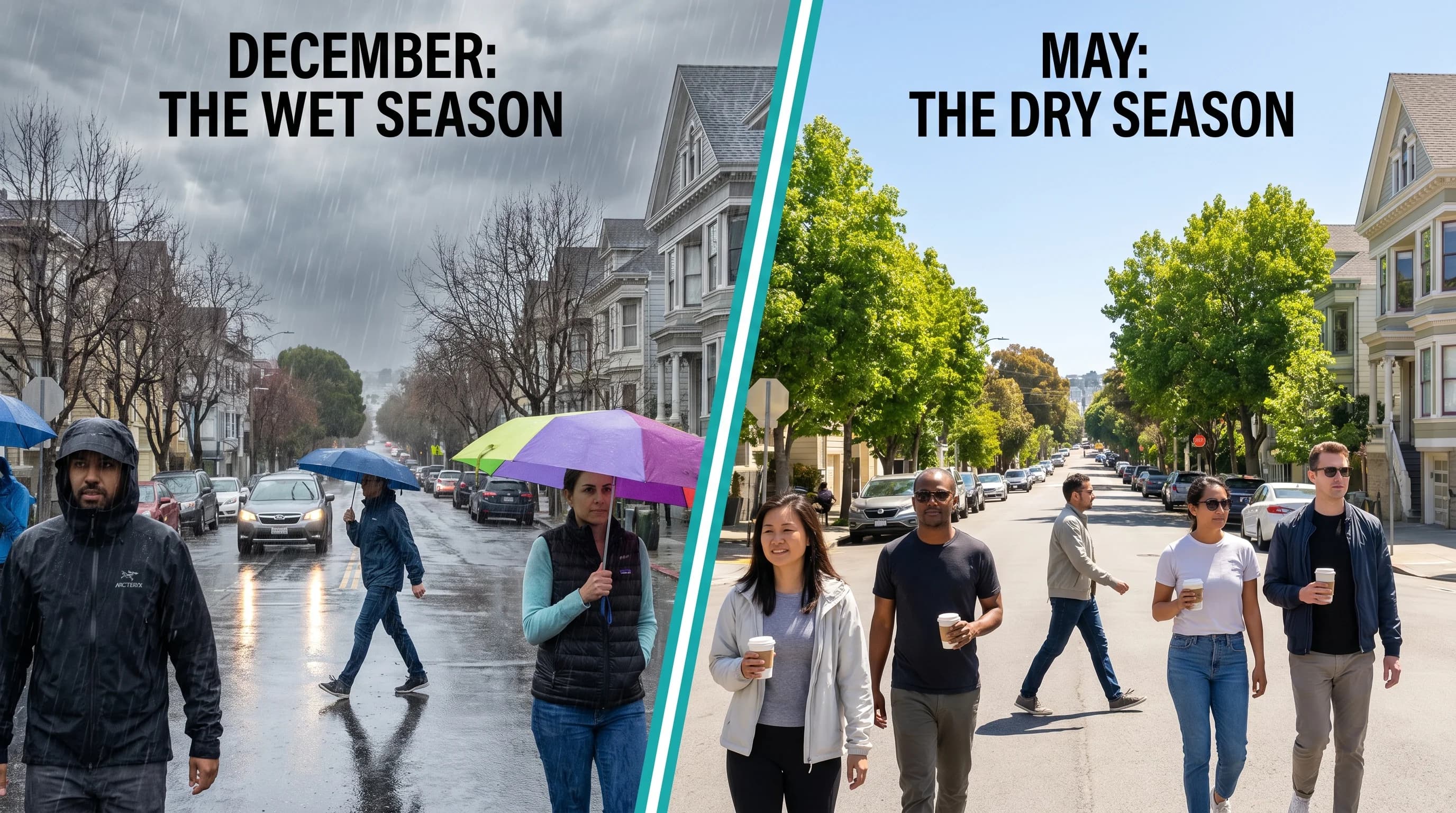 Bay Area rainfall calendar chart showing monthly average precipitation, with December and January as the peak months, a dry season from May through October, and transition months in November and March-April