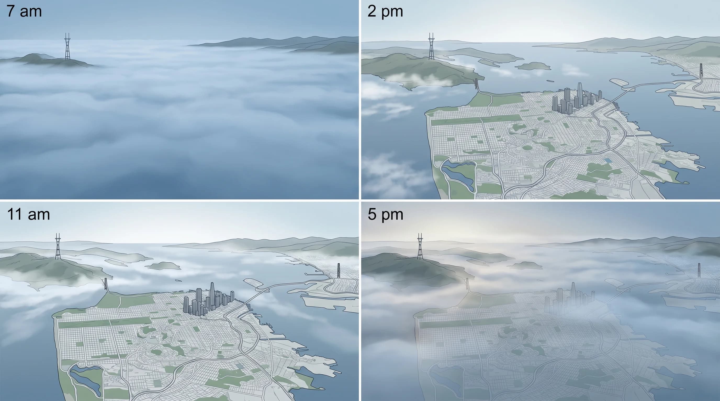 San Francisco fog rolling over the Twin Peaks hills in a classic July marine layer scene, dense white fog flowing through the streets below Twin Peaks, surrounding hilltops poking into sunshine
