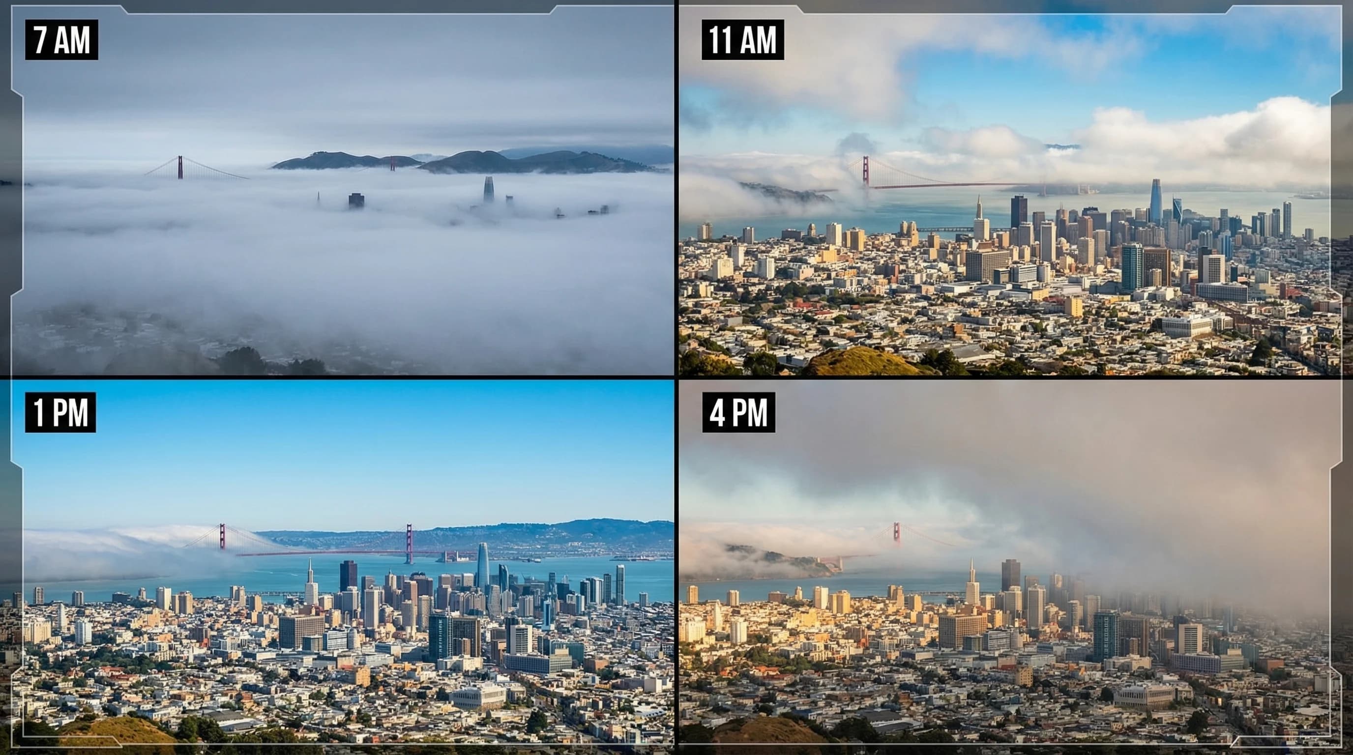 Timelapse sequence of San Francisco fog burning off on a summer morning, showing the marine layer retreating from the city by mid-morning