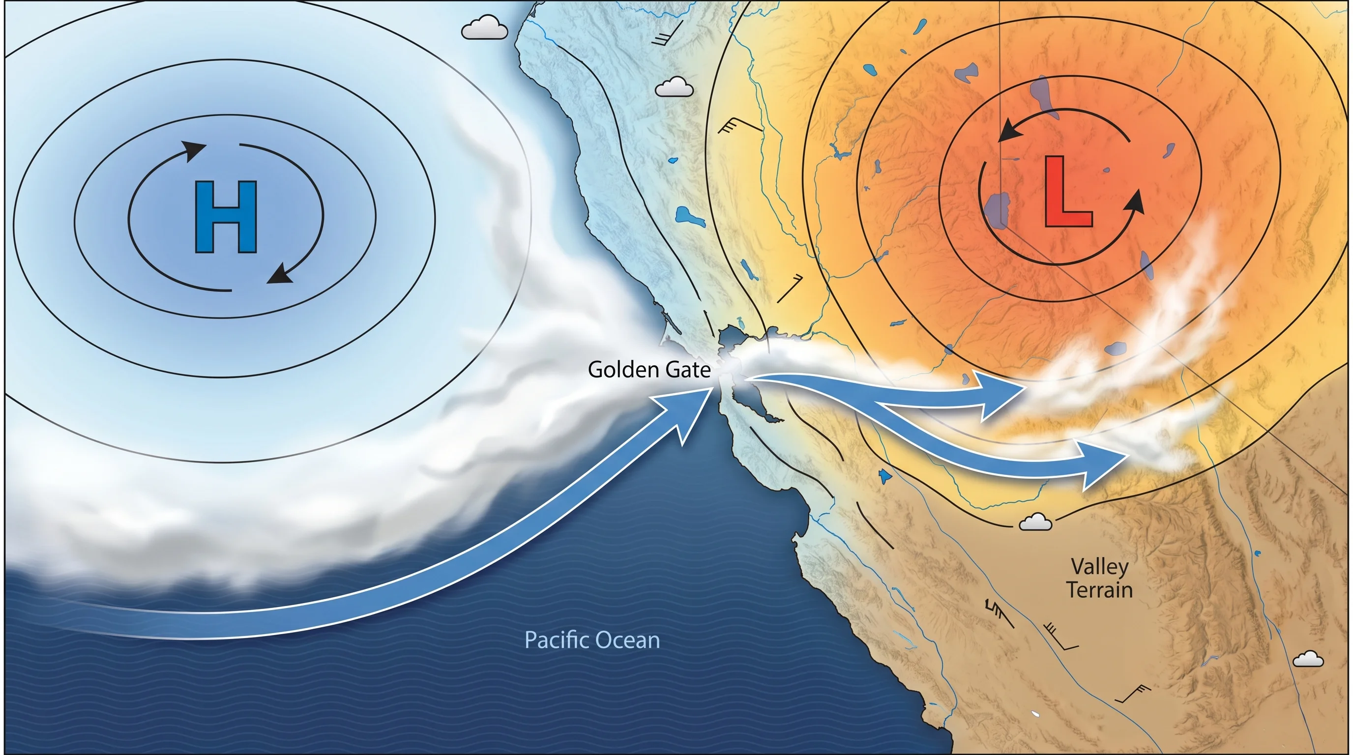 Weather map showing how the temperature/pressure gradient between inland heat and ocean cold drives summer fog