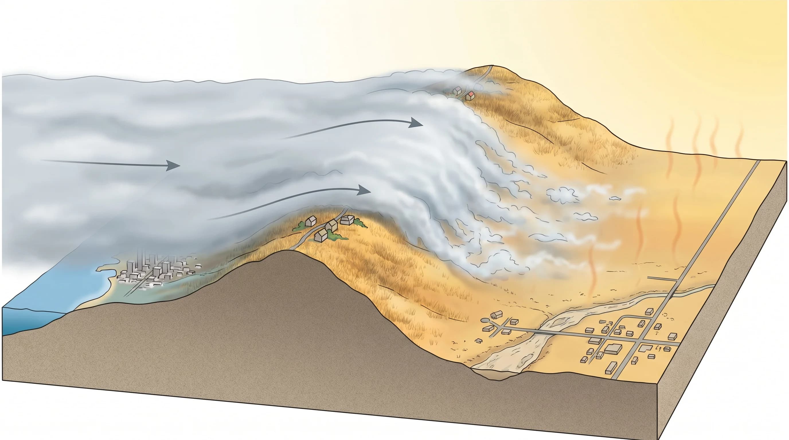 Scientific illustration explaining Why Are East Bay Cities Hotter Than the Coast?