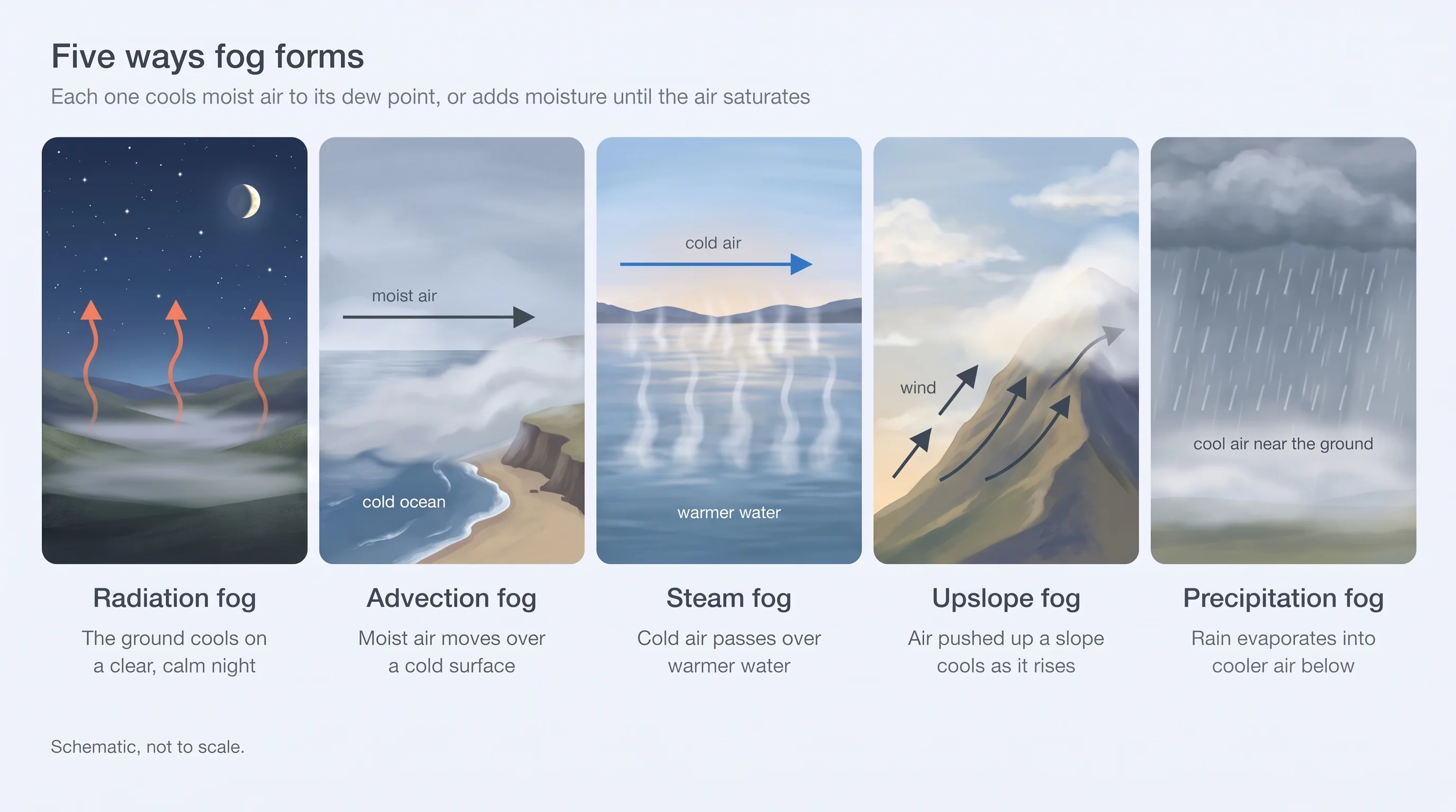 Five panels showing how radiation, advection, steam, upslope and precipitation fog form