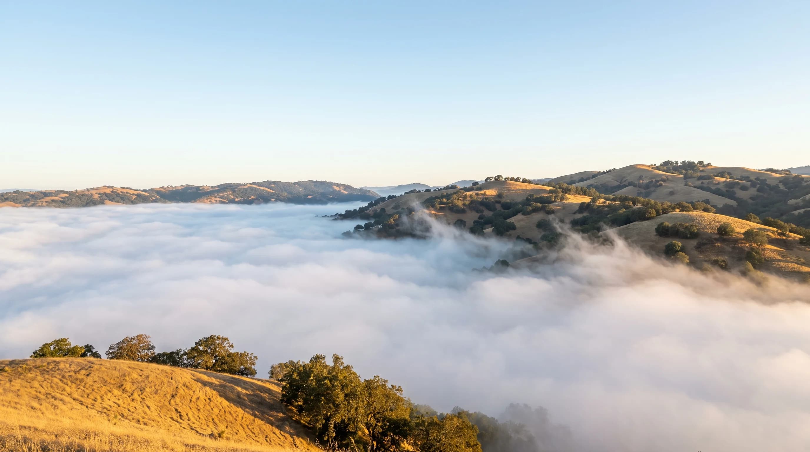 Morning fog filling a valley below sunlit hills, with a layer of low cloud lifting into a clear sky