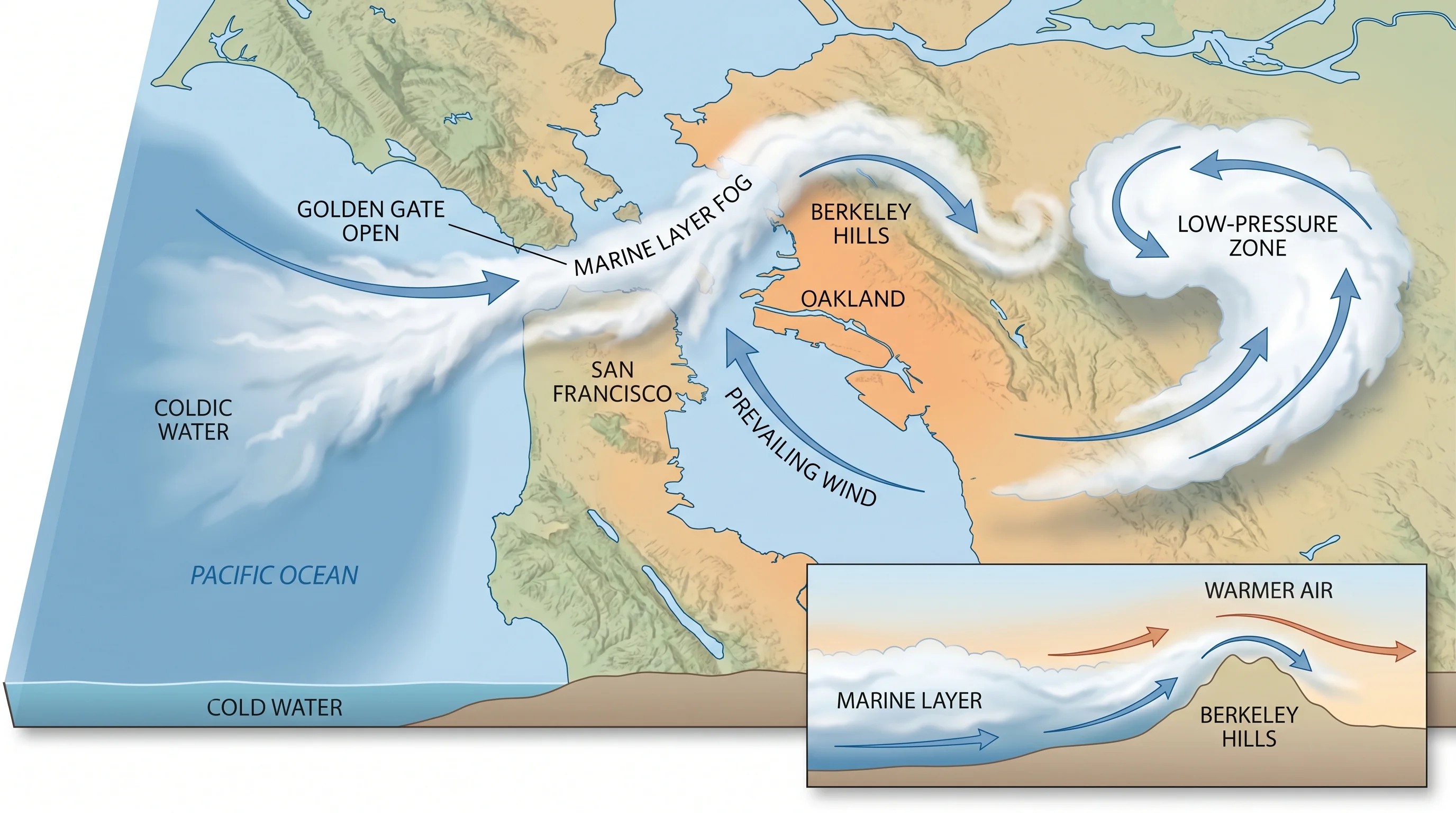 Map showing how San Francisco's geography funnels cold ocean fog while Oakland is shielded