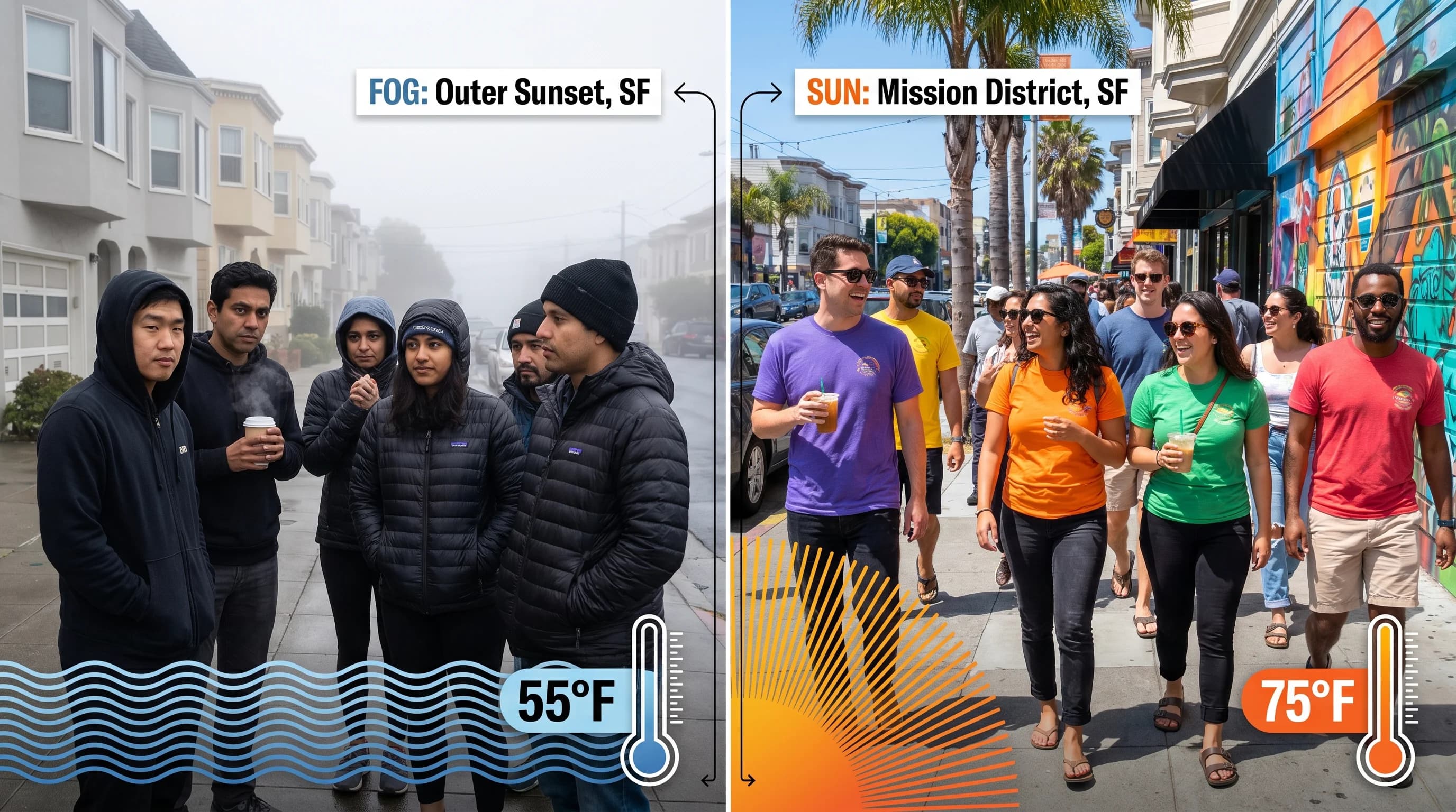 Temperature gradient map showing how Bay Area warms from foggy coast to sunny inland areas