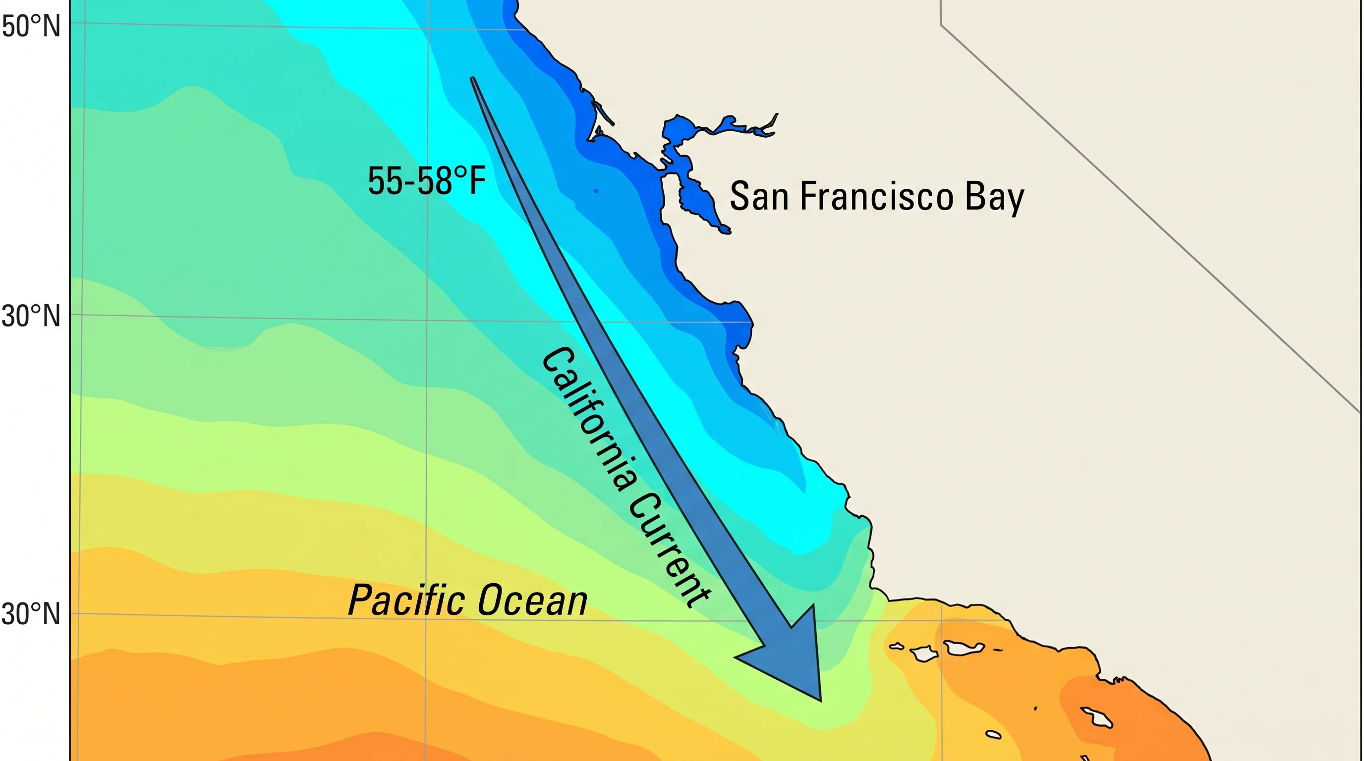 Sea surface temperature map showing the cold Pacific waters off San Francisco coast that keep the city cool