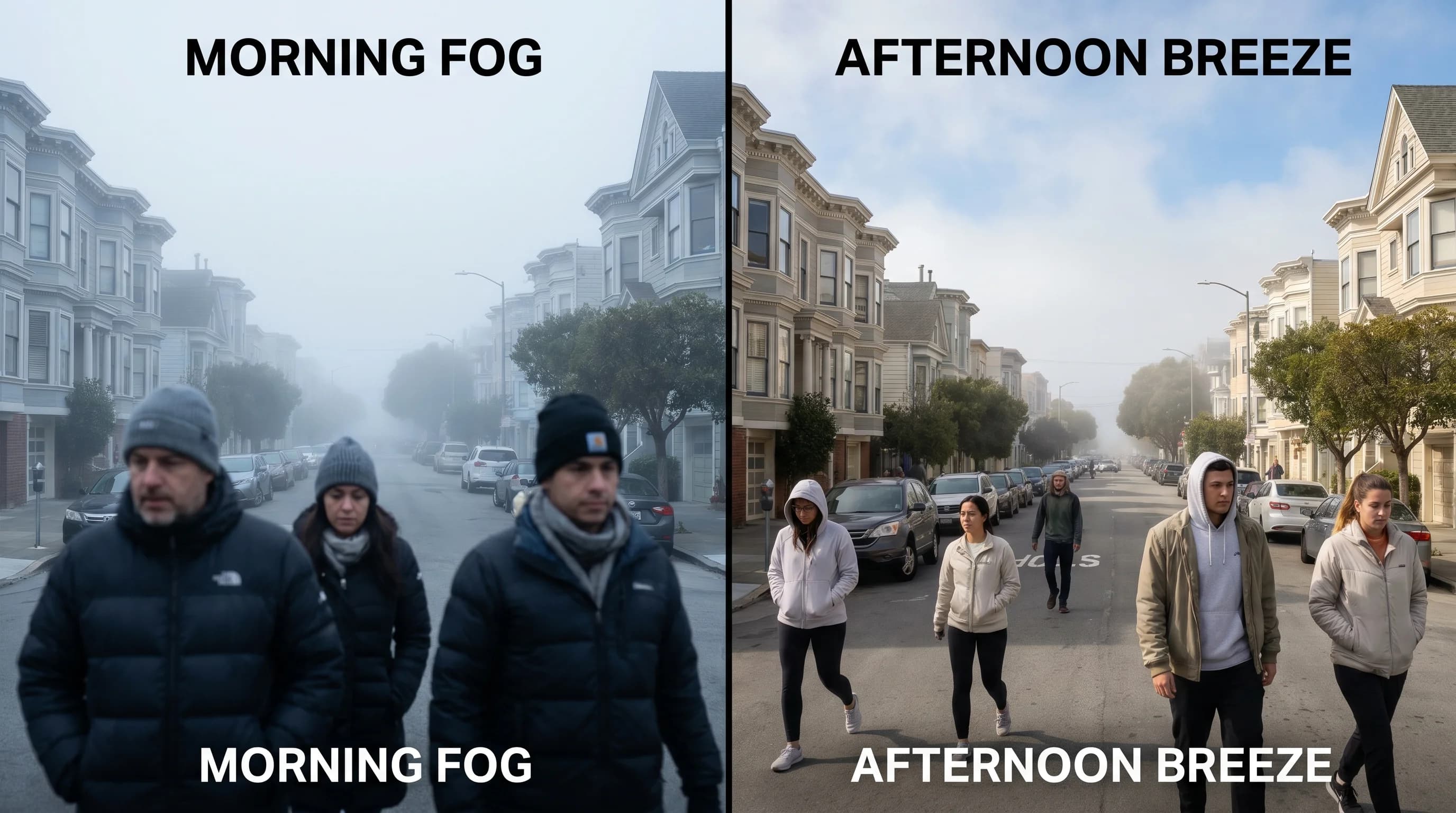 Photos showing San Francisco morning fog and cooling effect even after fog clears in afternoon