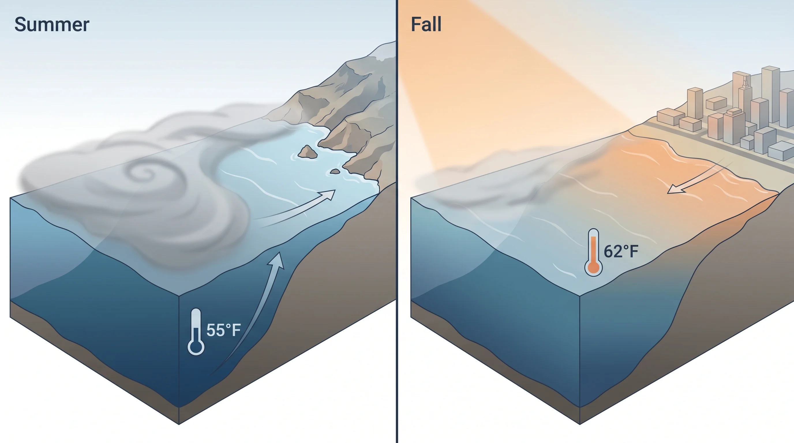 Diagram showing how coastal upwelling weakens in September, allowing ocean surface to warm