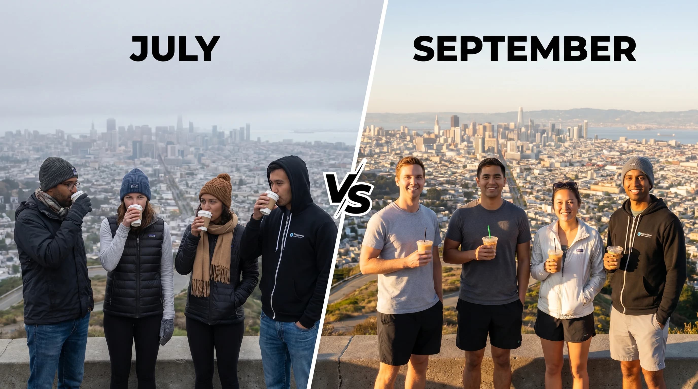 Before and after comparison: foggy San Francisco in July vs. sunny September in the Bay Area