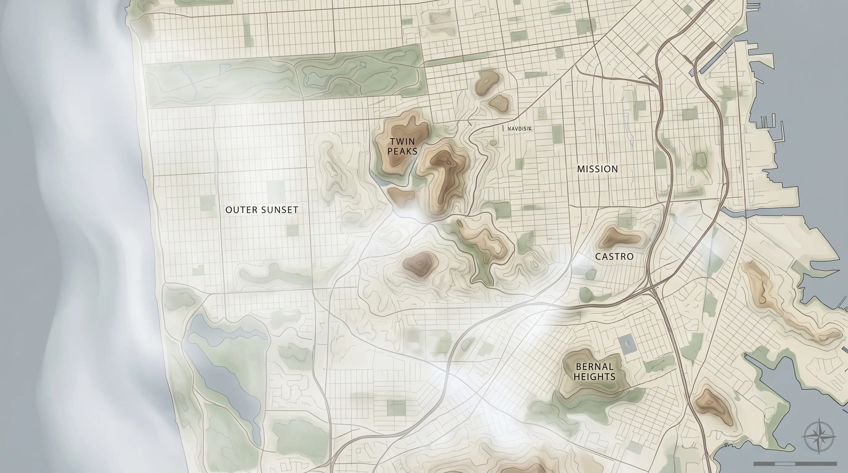 Elevation map of San Francisco showing how higher neighborhoods like Castro and Noe Valley sit above the marine layer