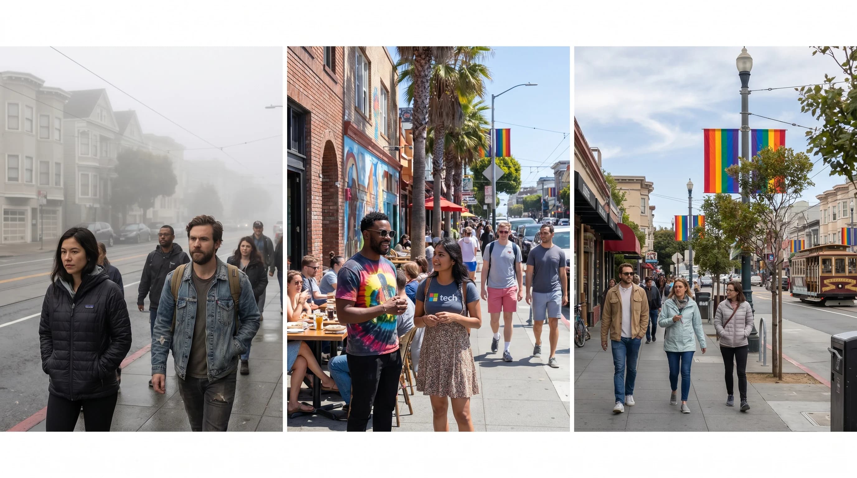 Street-level photos of San Francisco neighborhoods on the same day showing fog/sun variation