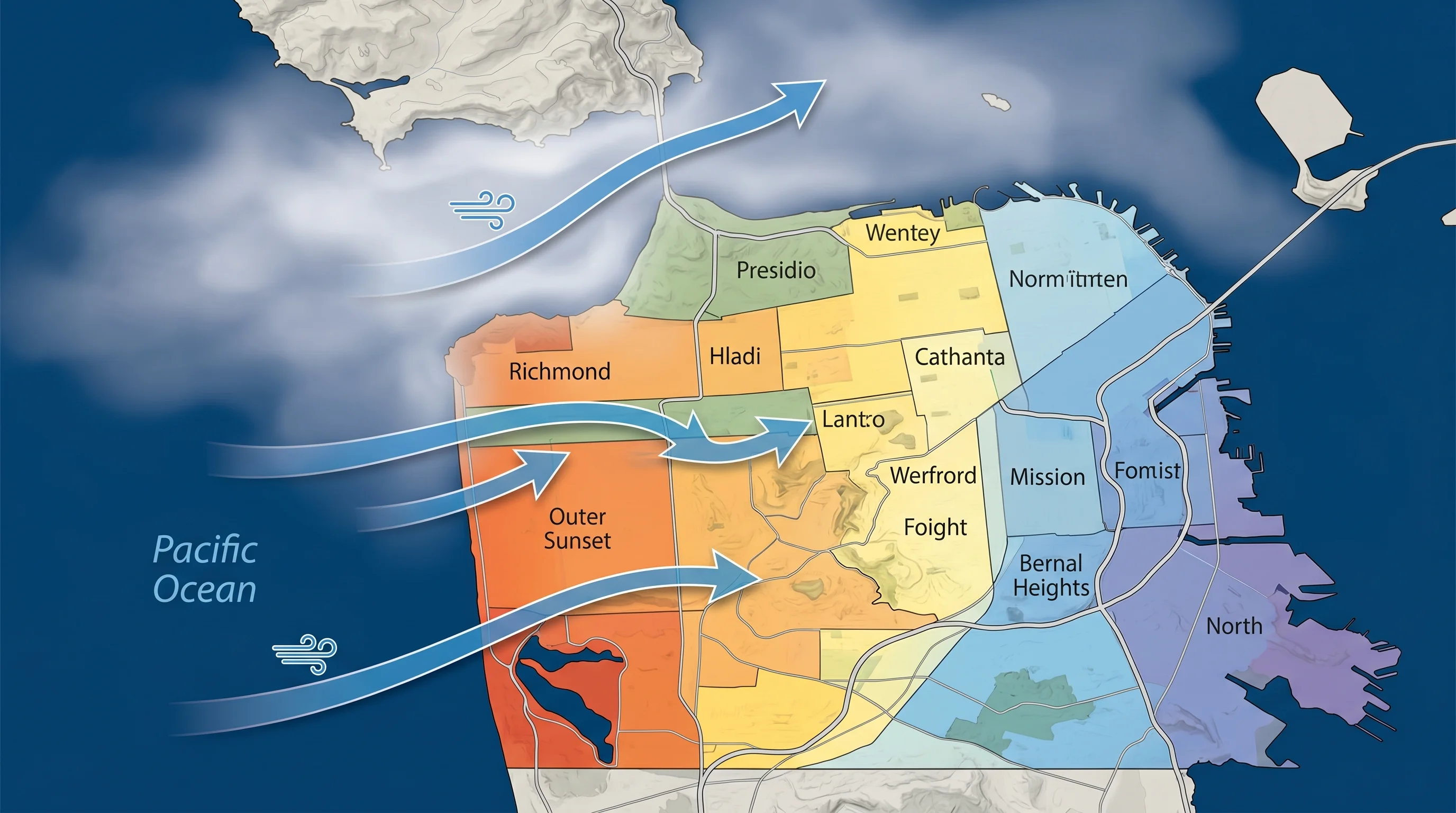 Diagram showing how ocean exposure determines neighborhood fog intensity in San Francisco