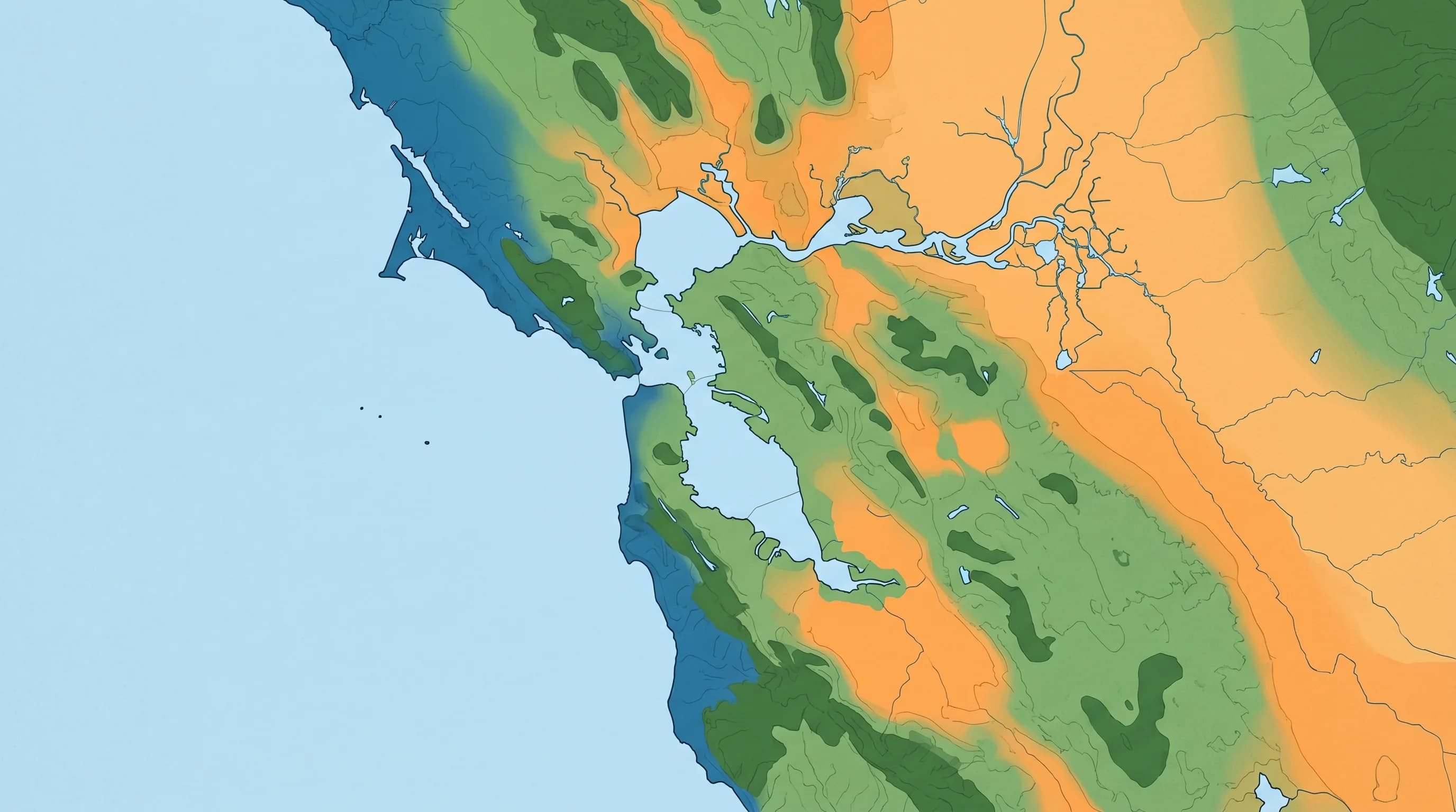 Diagram showing how elevation determines whether a Bay Area neighborhood is in the marine layer fog or above it in clear, warm air