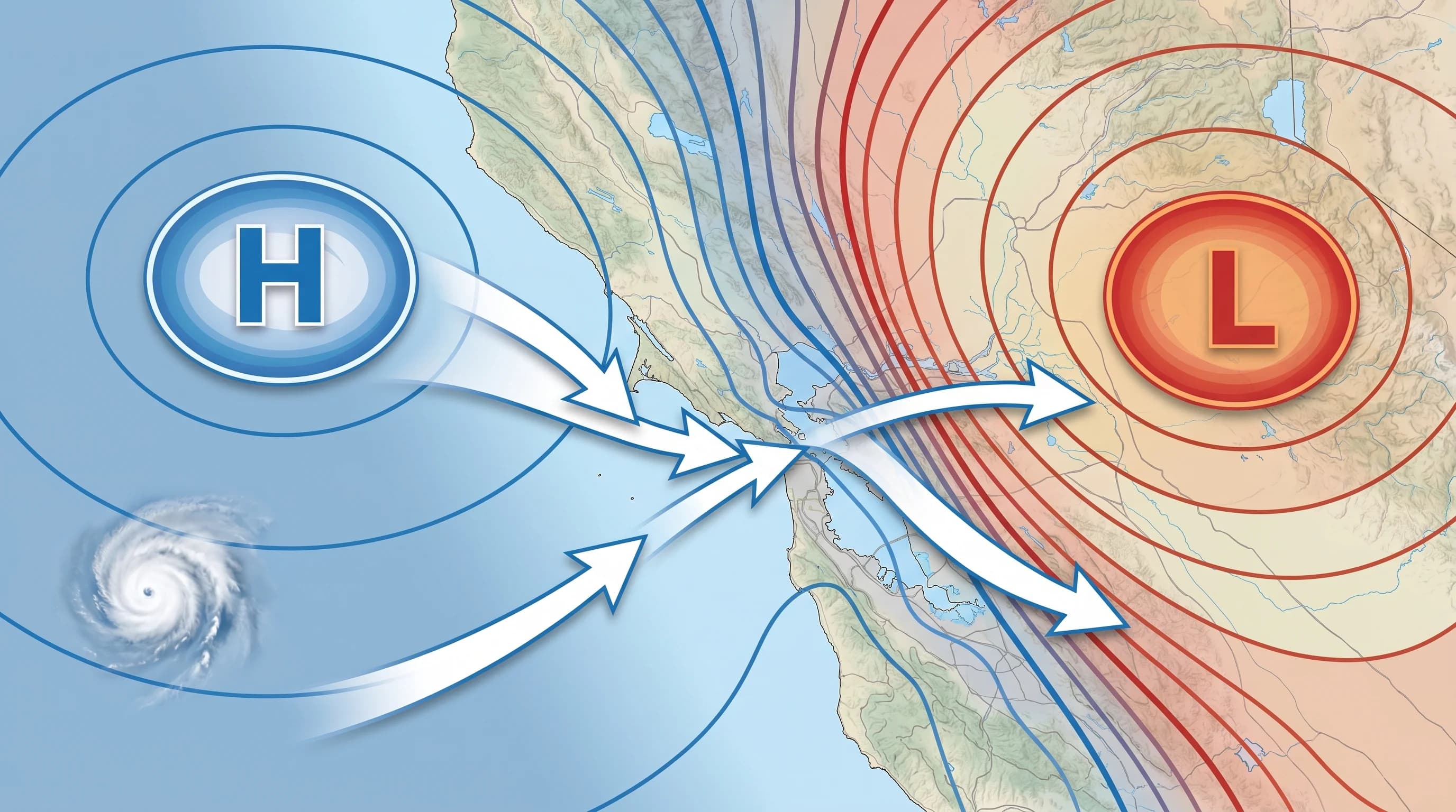 Diagram showing how temperature differences between coast and inland create pressure-driven wind