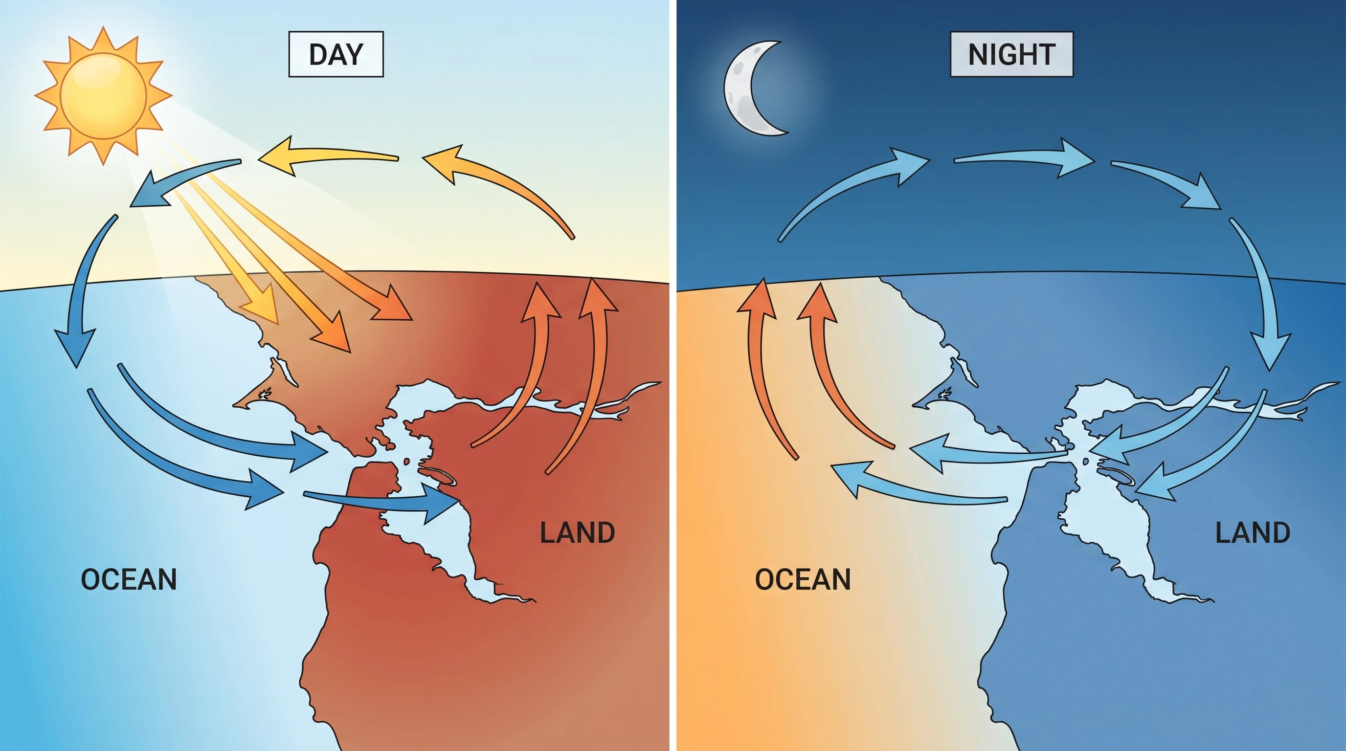 Diagram showing Bay Area daily sea breeze (day) and land breeze (night) cycles