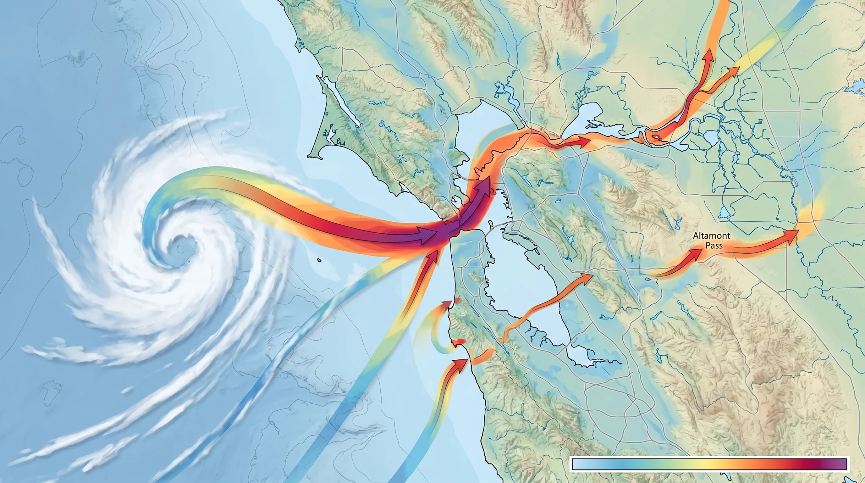 Map showing major wind corridors and funnel points in the Bay Area where wind speeds increase