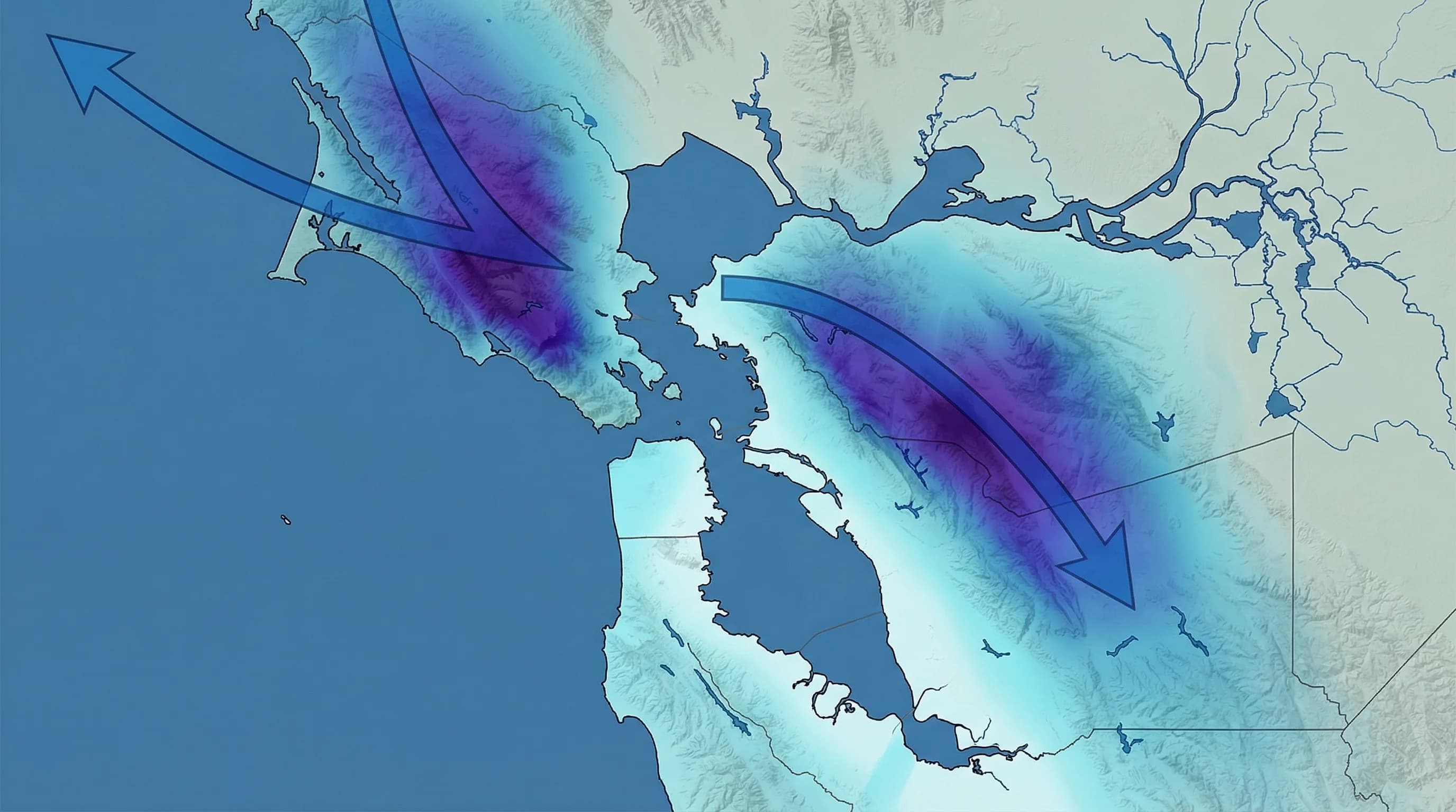 Map showing storm track direction over the Bay Area, with rainfall totals labeled for Oakland, Berkeley, San Francisco, Palo Alto, and the Peninsula showing East Bay advantage