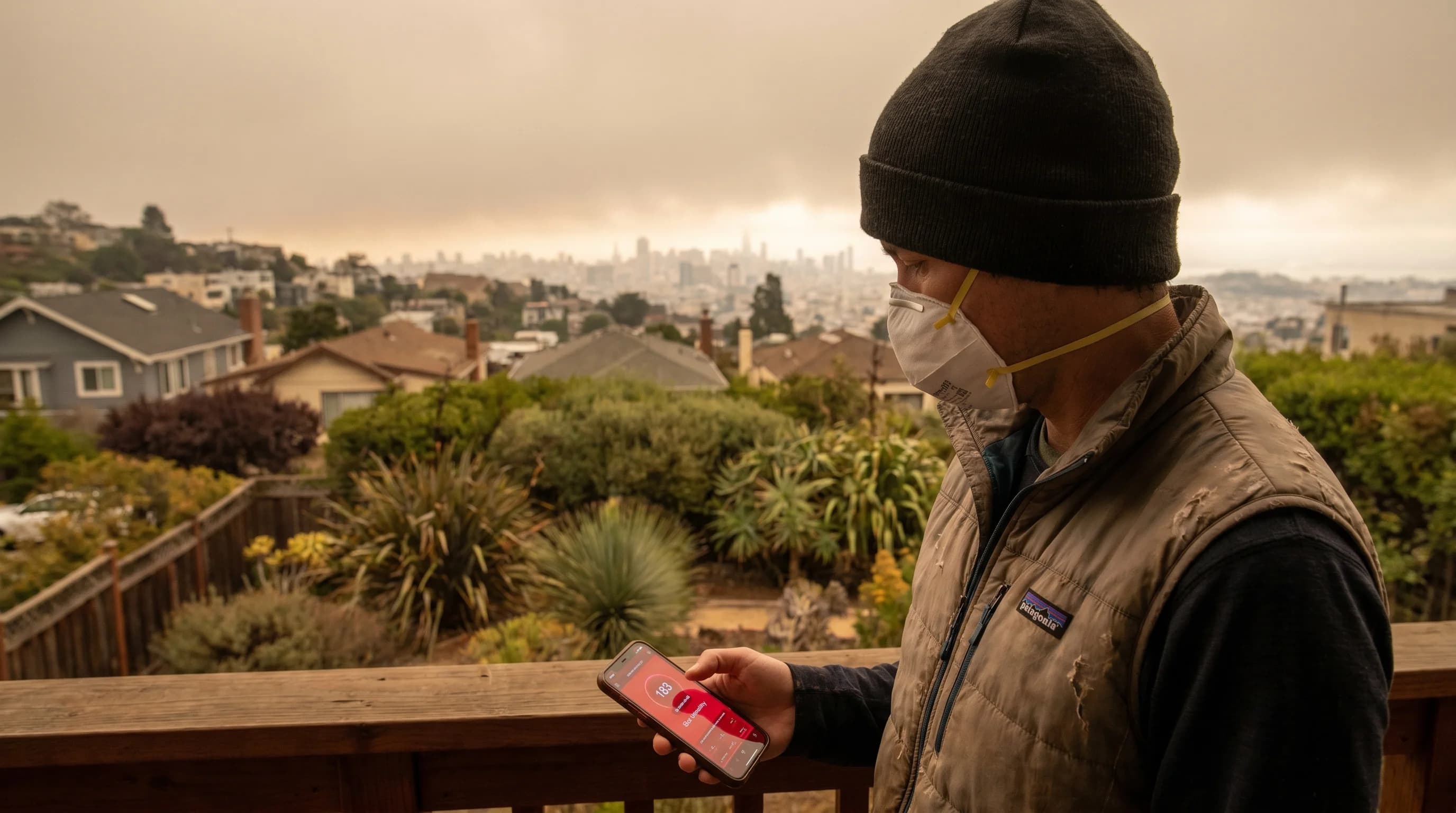Bay Area skyline obscured by wildfire smoke, orange-tinged air, reduced visibility across the bay, AQI meter showing hazardous conditions