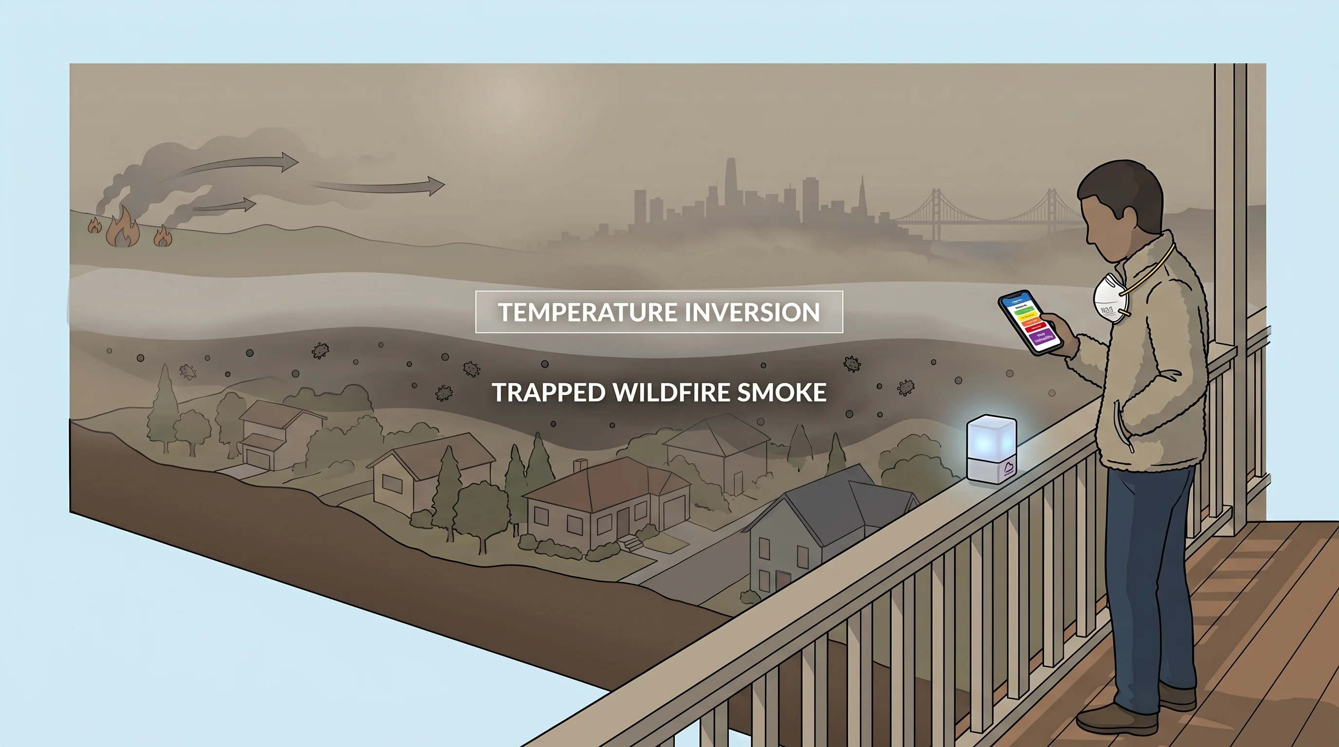 Scientific illustration explaining Wildfire Smoke and Bay Area Air Quality