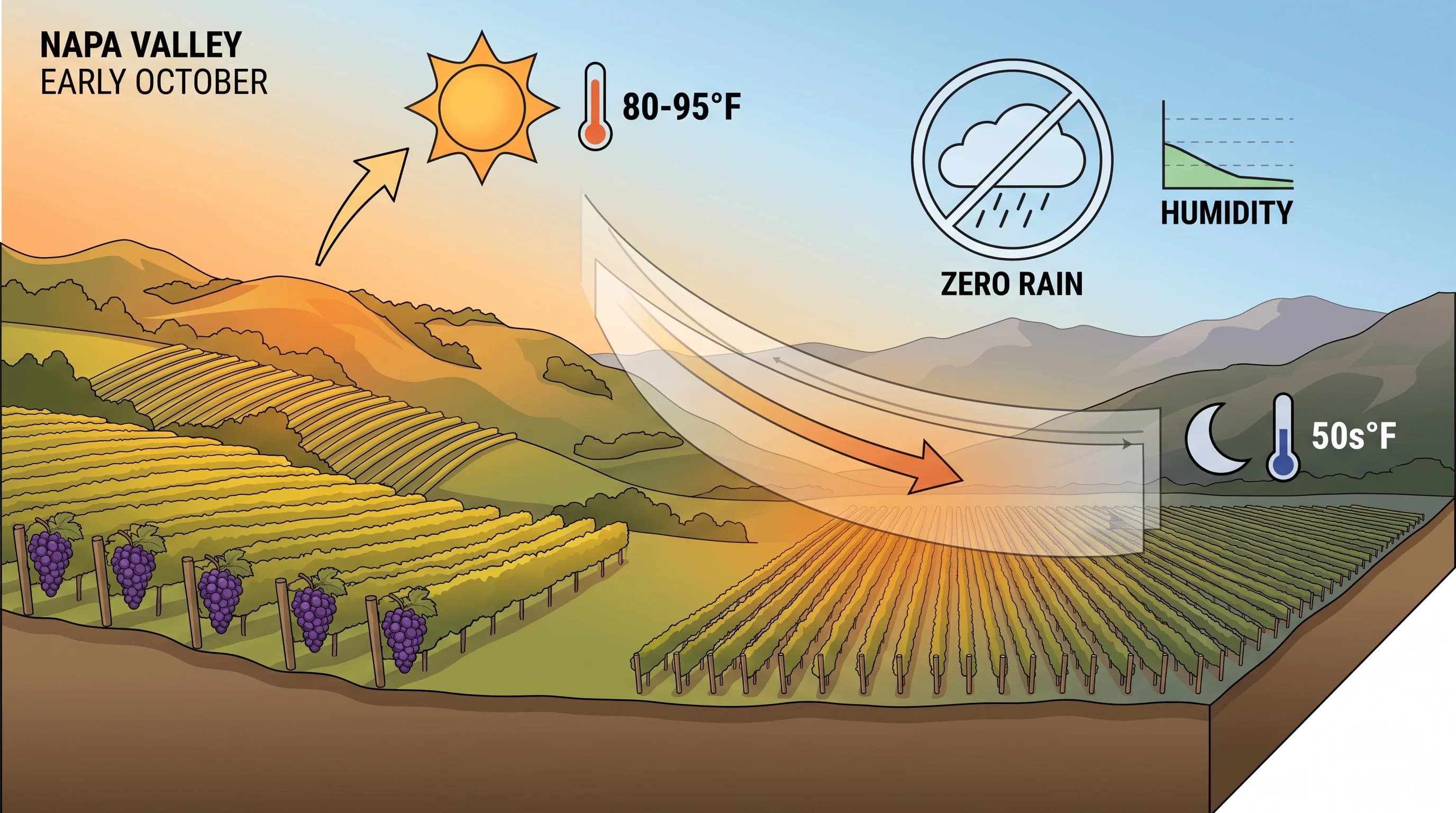Napa Valley vineyard during harvest season with golden grapevines and warm afternoon light